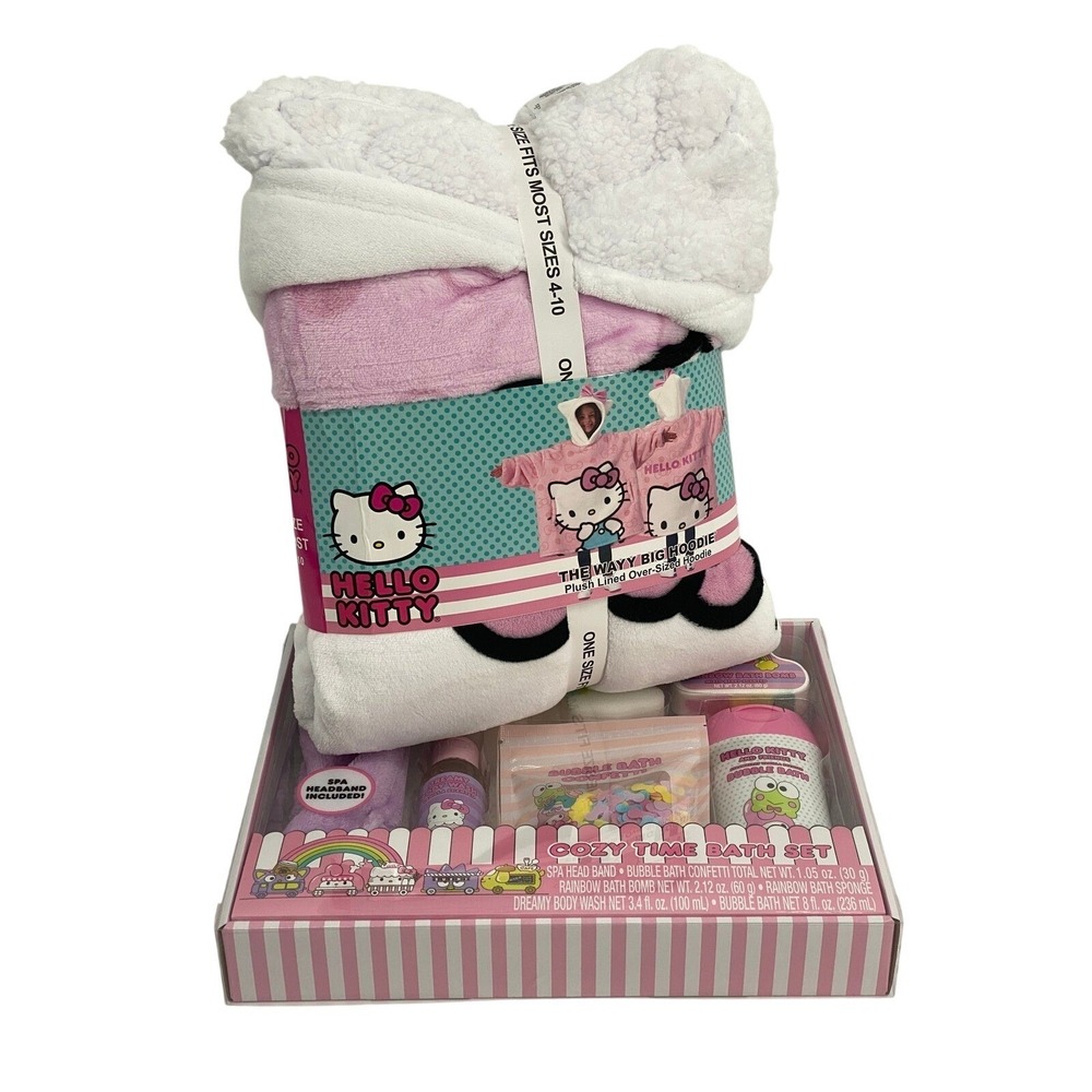 Hello Kitty Wayy Big Hoodie & Cozy Time Bath Set Kids One Size Pink New